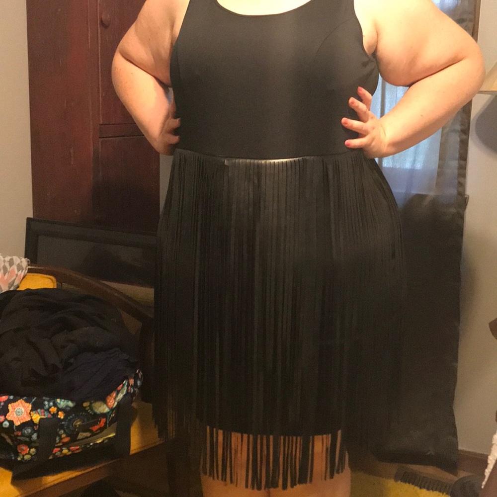 Black knit dress with pleather fringe. Size 18